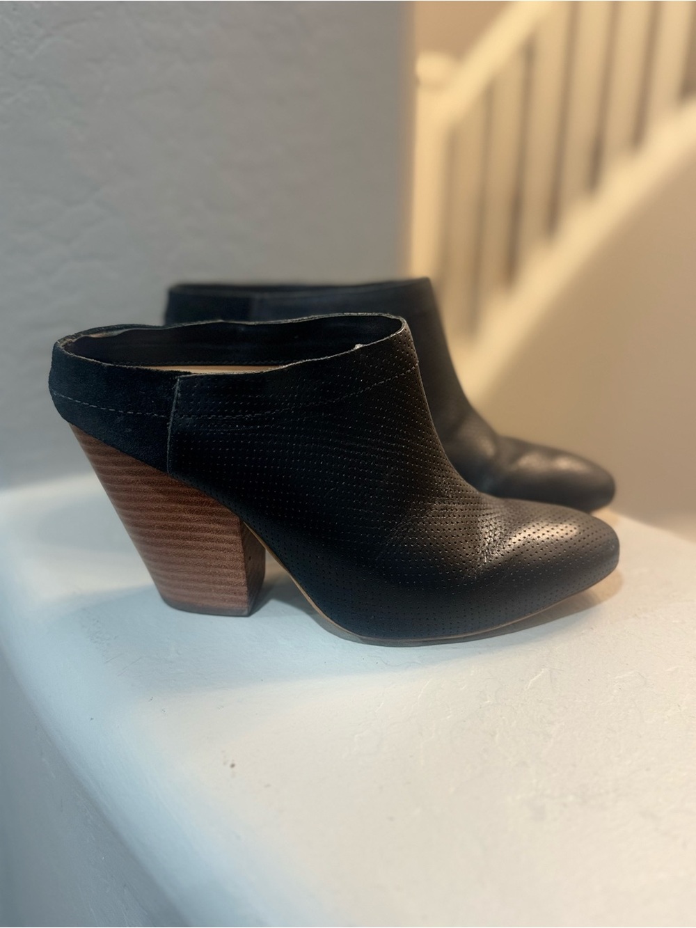 Anthropologie Miss Albright Black Perforated Leather Mule with Stacked Wood Heel
